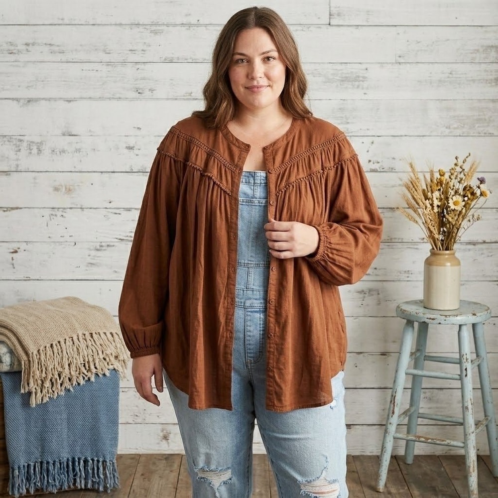 Old Navy Poet Blouse Womens 3X Brown Button Front Boho Prairie Rustic Forest Elf